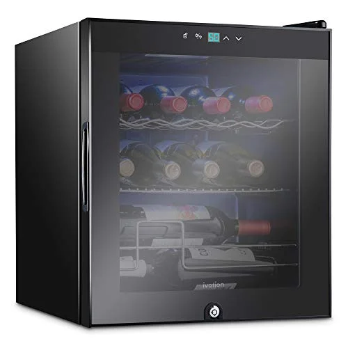 Ivation 12 Bottle Compressor Wine Cooler, countertop fridge with lock, black cube