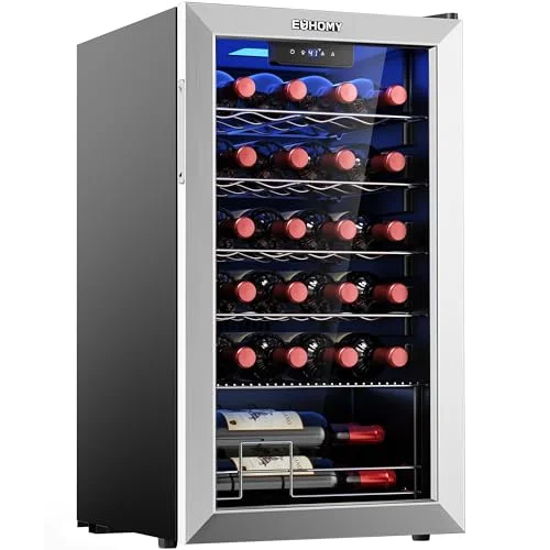 EUHOMY 25 Bottle Wine Cooler Refrigerator with glass door, silver finish