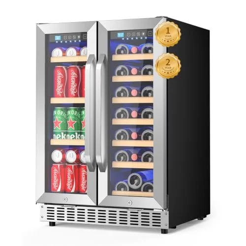EORICE 24 Inch Dual Zone Wine and Beverage Refrigerator with glass door and blue LED lighting