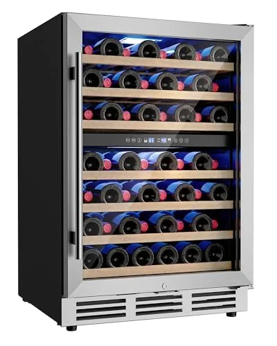 Icyglee 24 inch 54 bottle dual zone wine cooler refrigerator, silver