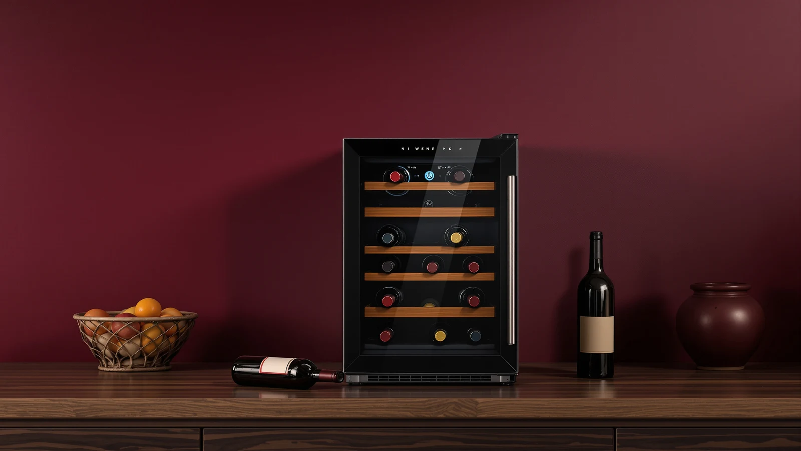 A small freestanding wine fridge on a kitchen counter beside stored wine bottles, contrasted with a crowded kitchen refrigerator door