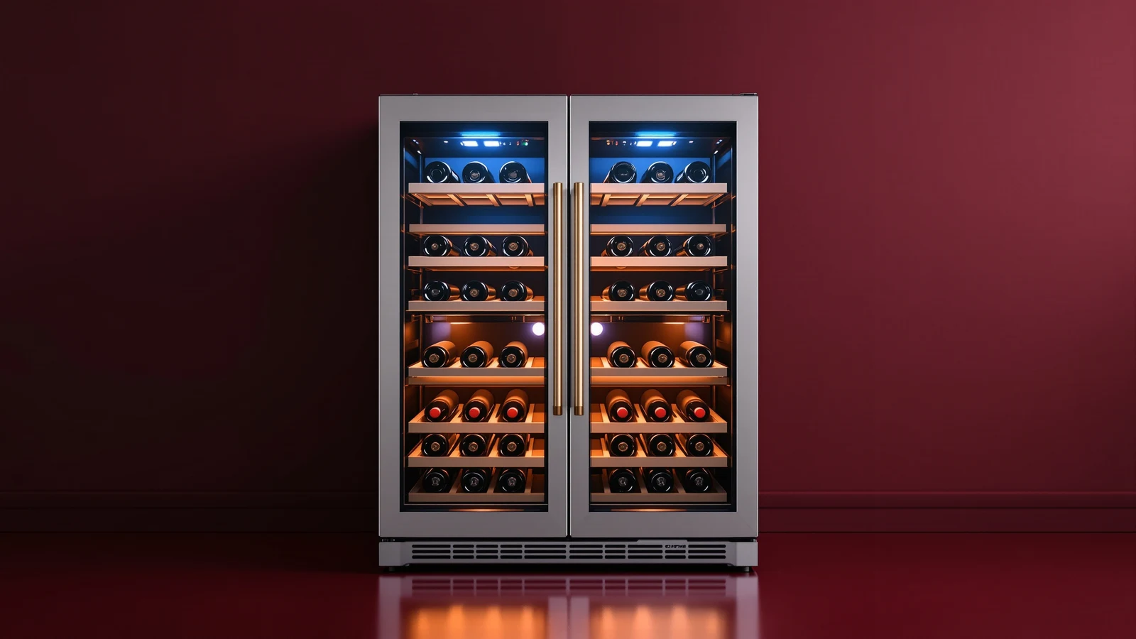 A dual-zone wine refrigerator with two separately lit compartments, red wine bottles racked above and white wine bottles racked below