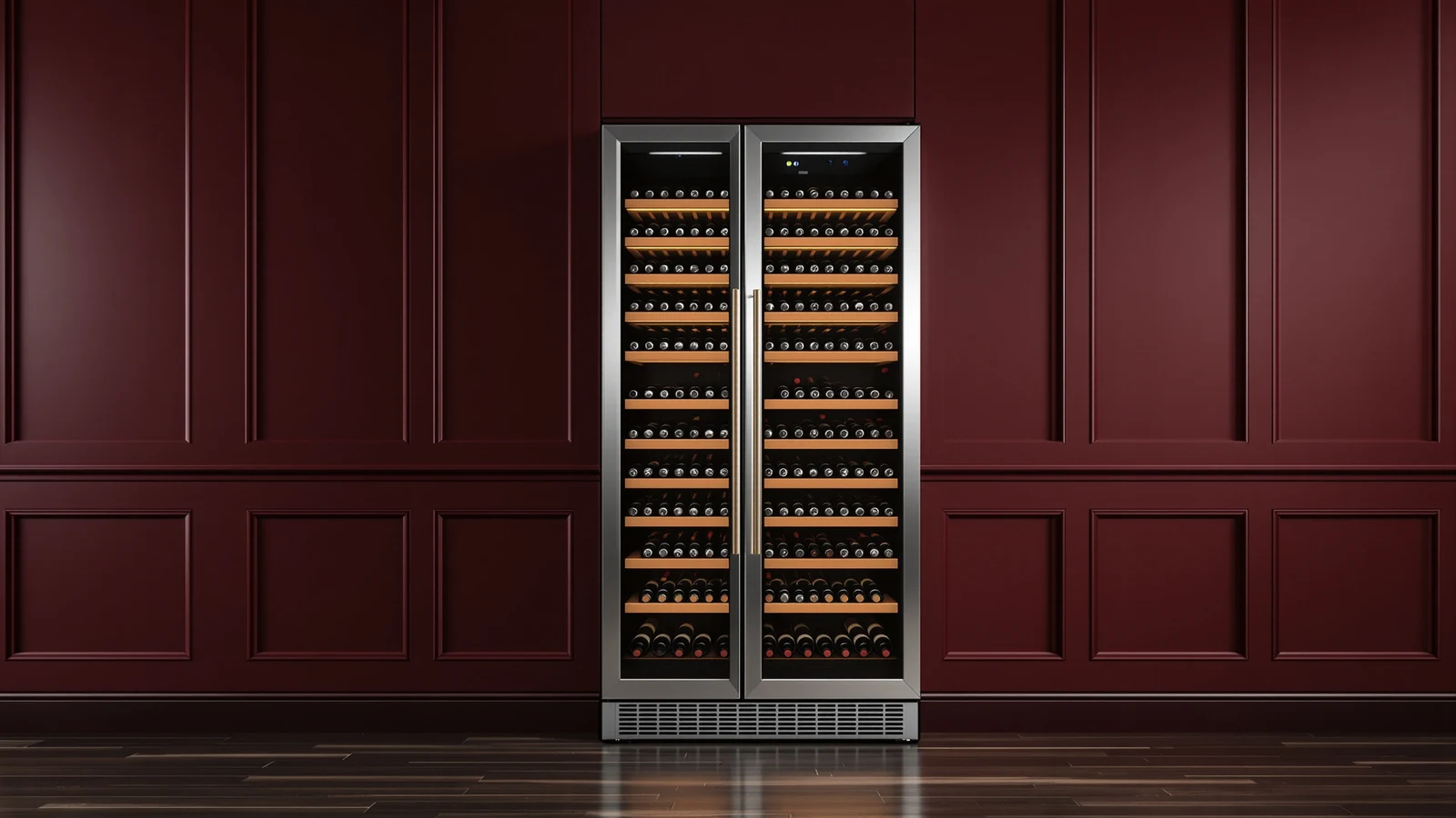 A tall stainless-steel wine refrigerator with rows of wine bottles racked from floor to ceiling against a dark wall