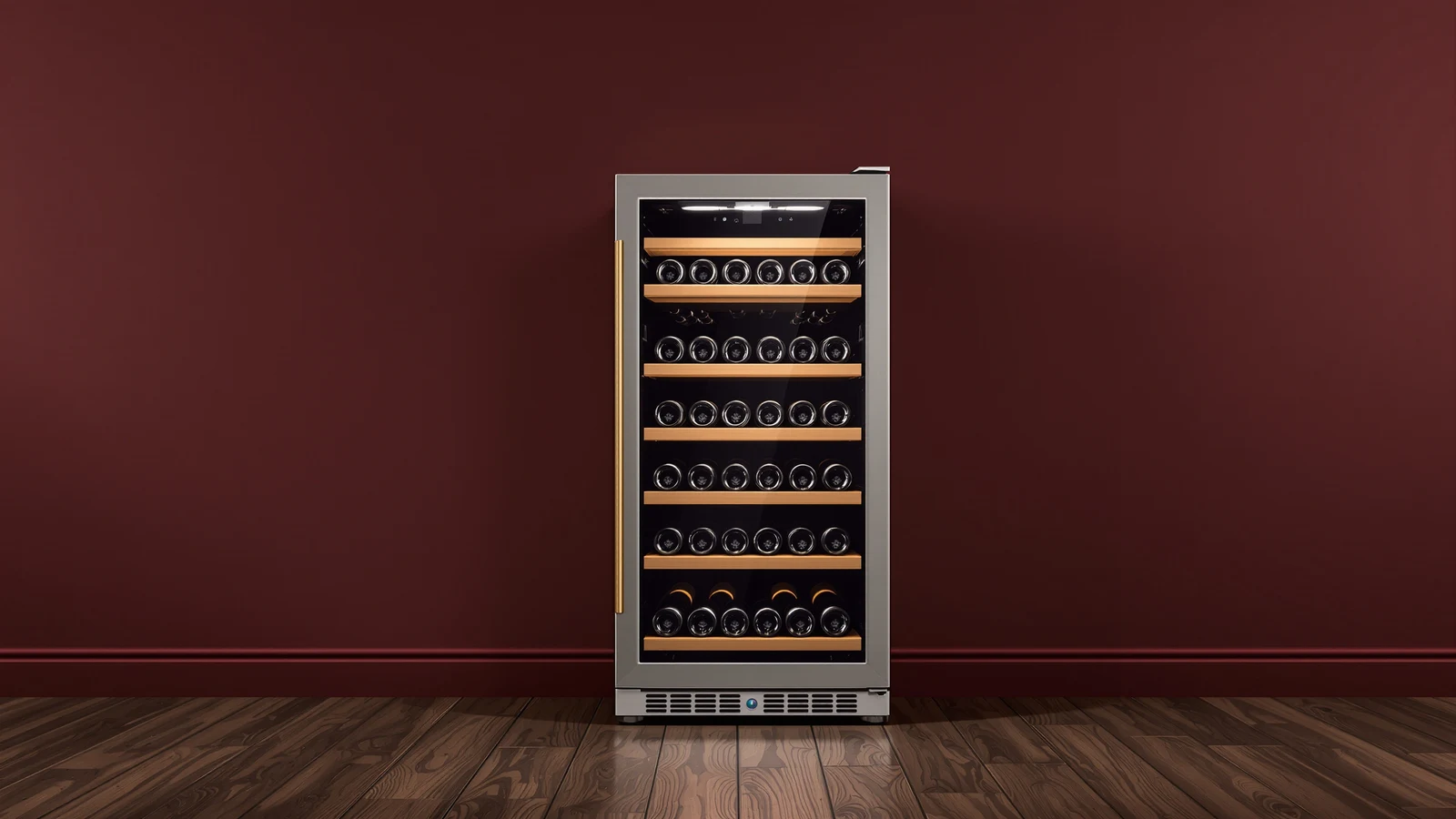 A single-zone wine refrigerator with rows of wine bottles racked at one uniform temperature behind a glass door