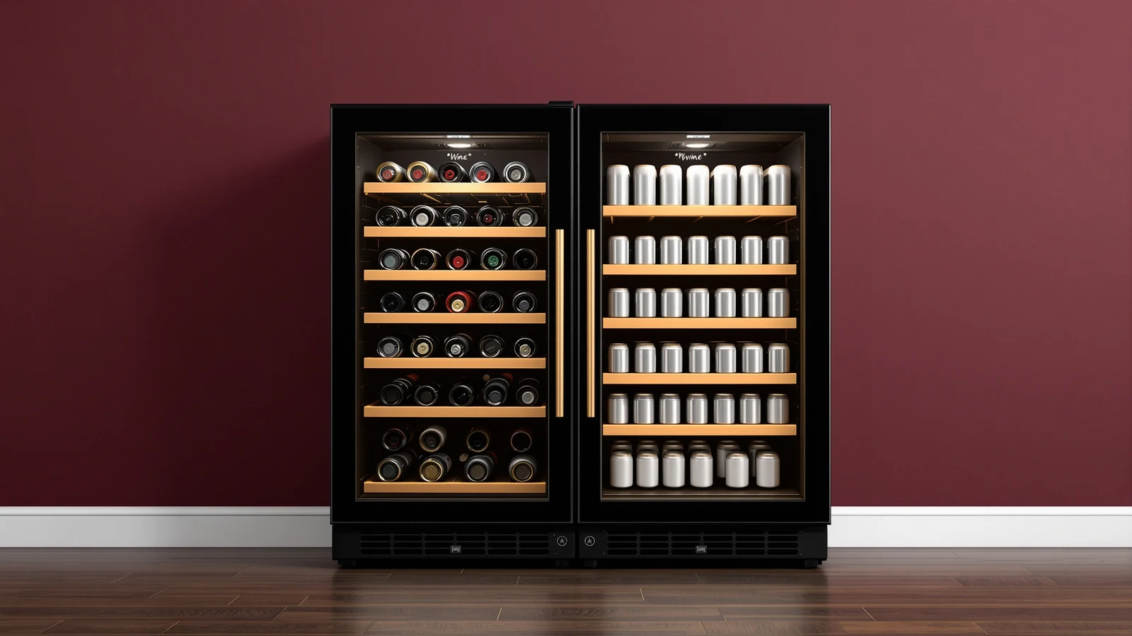 A 24-inch built-in wine and beverage refrigerator with a divided glass-door cabinet, wine bottles racked on one side and canned drinks shelved on the other