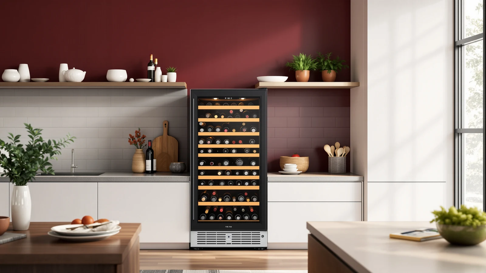 A small freestanding wine fridge on a kitchen counter holding a handful of bottles, the start of a first wine collection