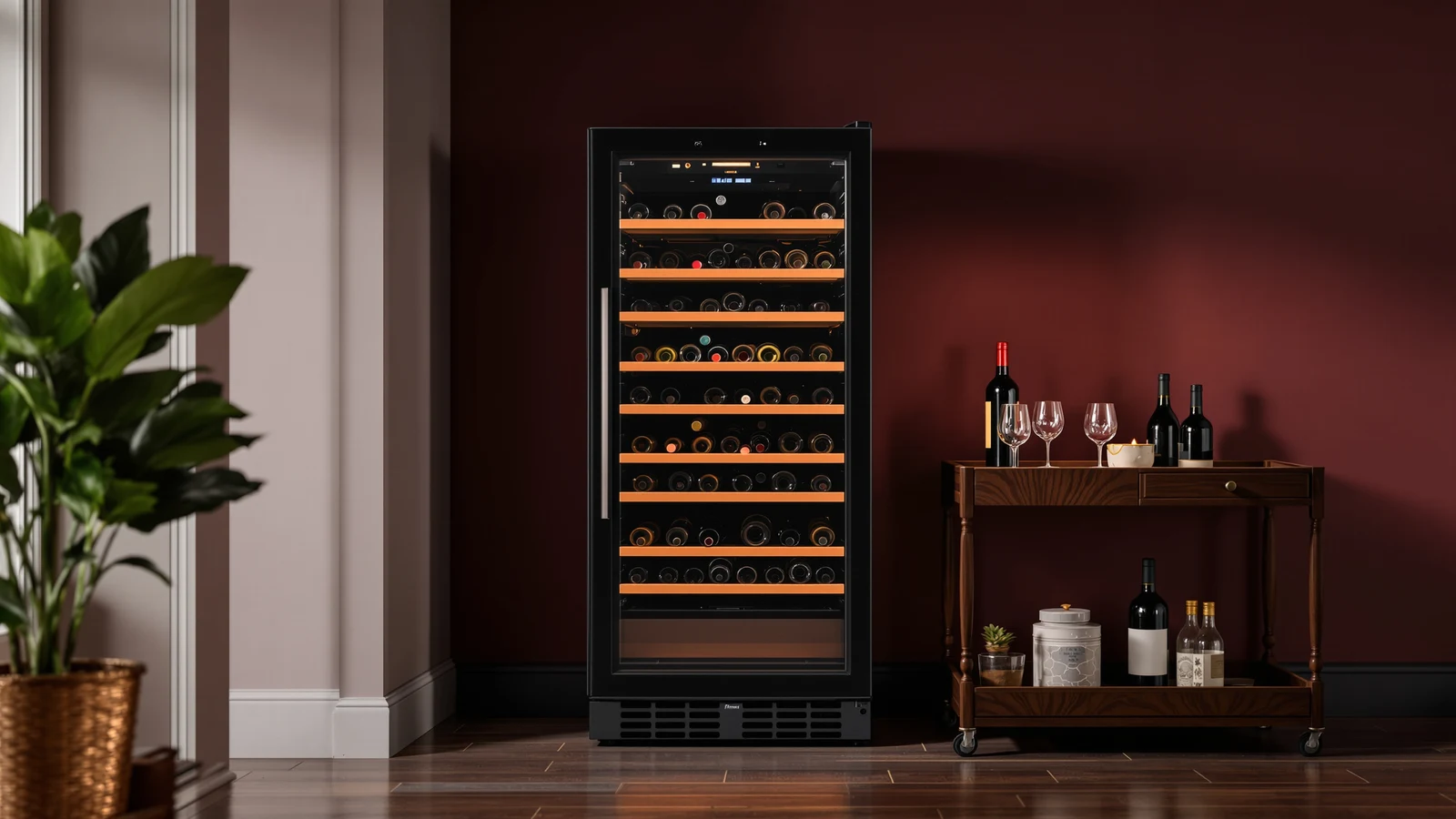 A glass-door wine and beverage refrigerator stocked with wine bottles and canned drinks, set up as part of a home bar