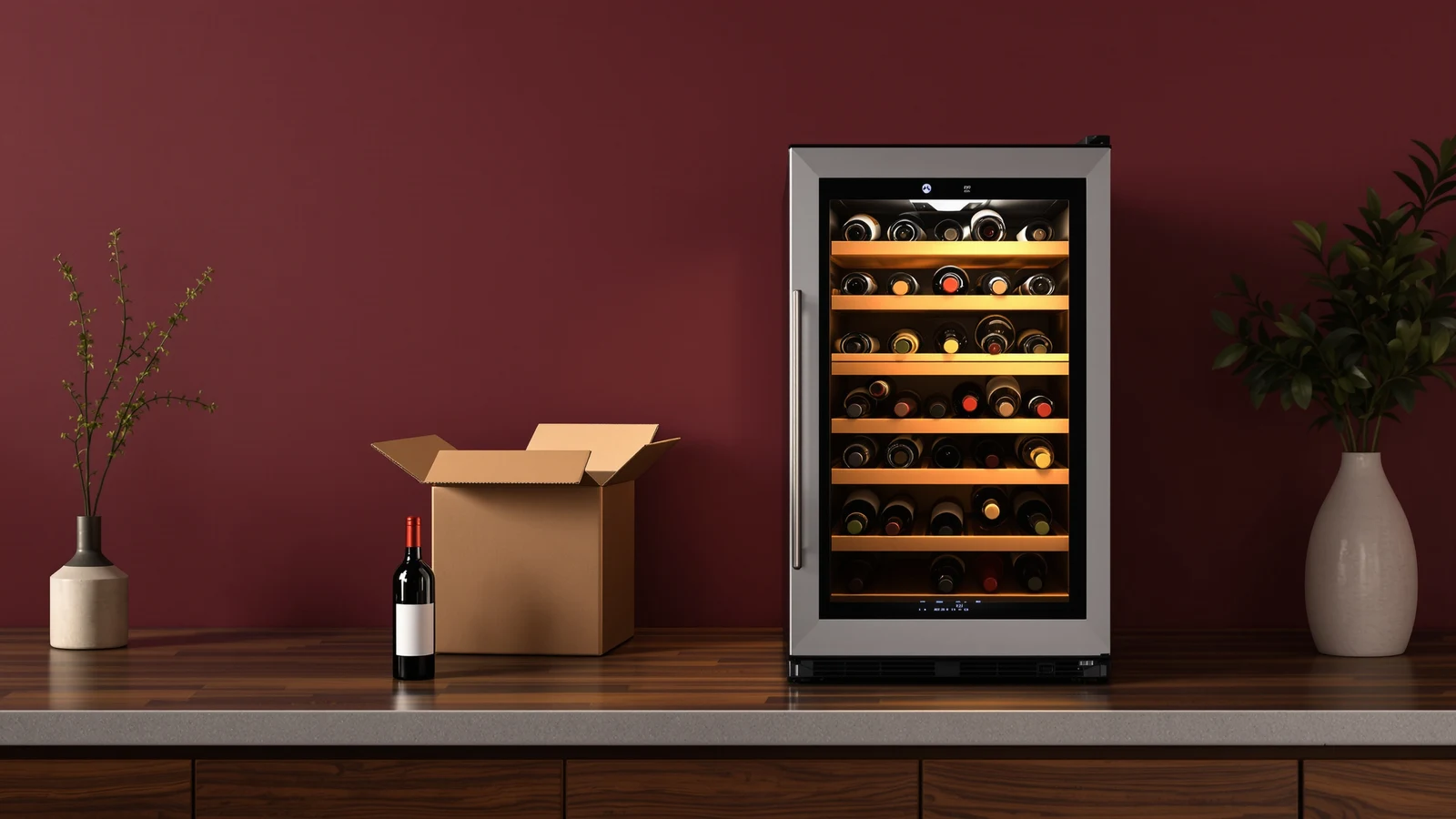 A wine fridge stocked with mixed red and white bottles from a subscription case, with open shelf space in front for new arrivals