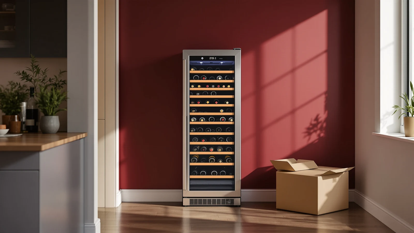 A compact freestanding wine fridge in a small rental apartment kitchen, standing clear of the cabinets with a standard wall outlet nearby