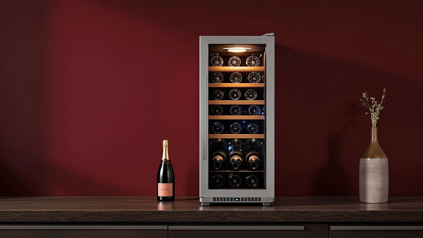 A wine refrigerator with glass door chilling Champagne and sparkling wine bottles on wire shelves