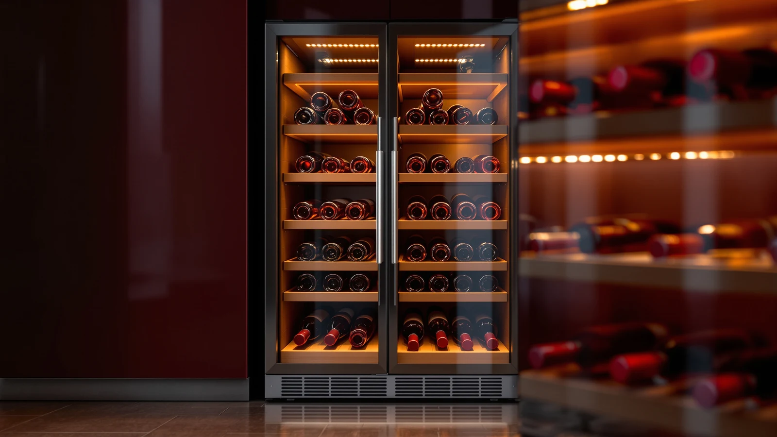 A dark wine refrigerator with a glass door filled with rows of red wine bottles