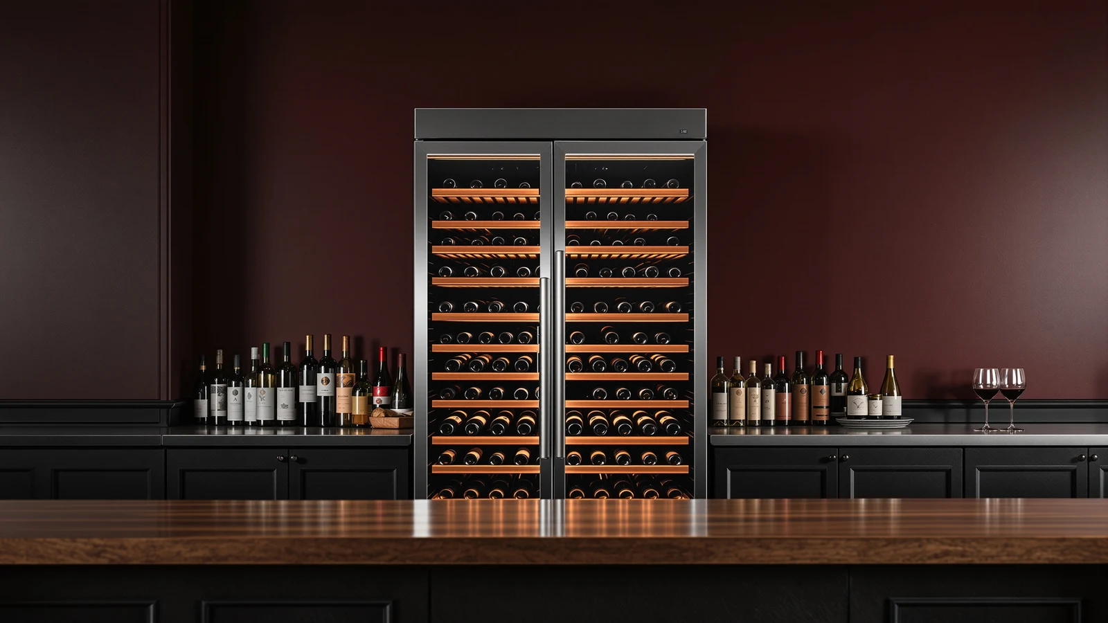 Rows of wine bottles stored in a freestanding wine refrigerator behind glass in a dim restaurant bar setting