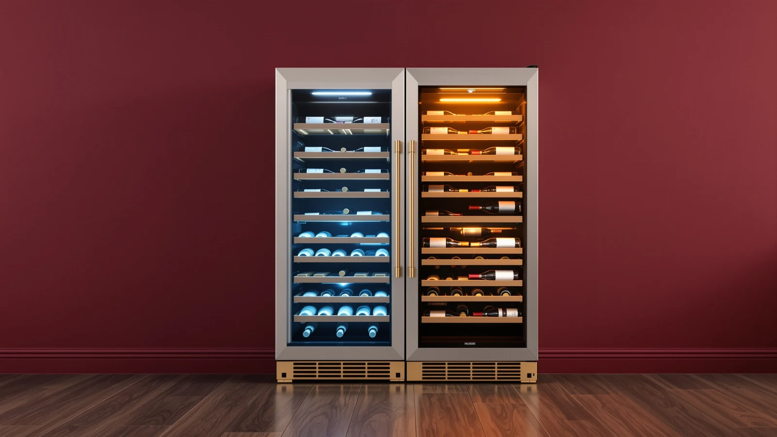 A dual-zone wine refrigerator with pale straw-colored white wine bottles chilling in the lower, colder compartment