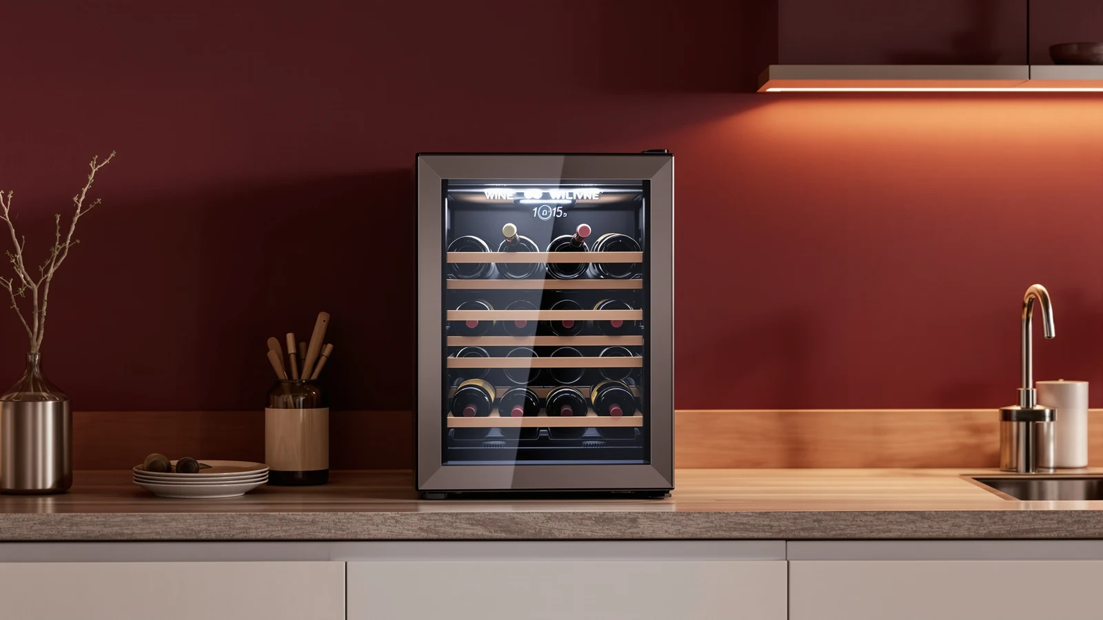 A small stainless-steel and glass-door wine fridge on a kitchen counter, filled with wine bottles