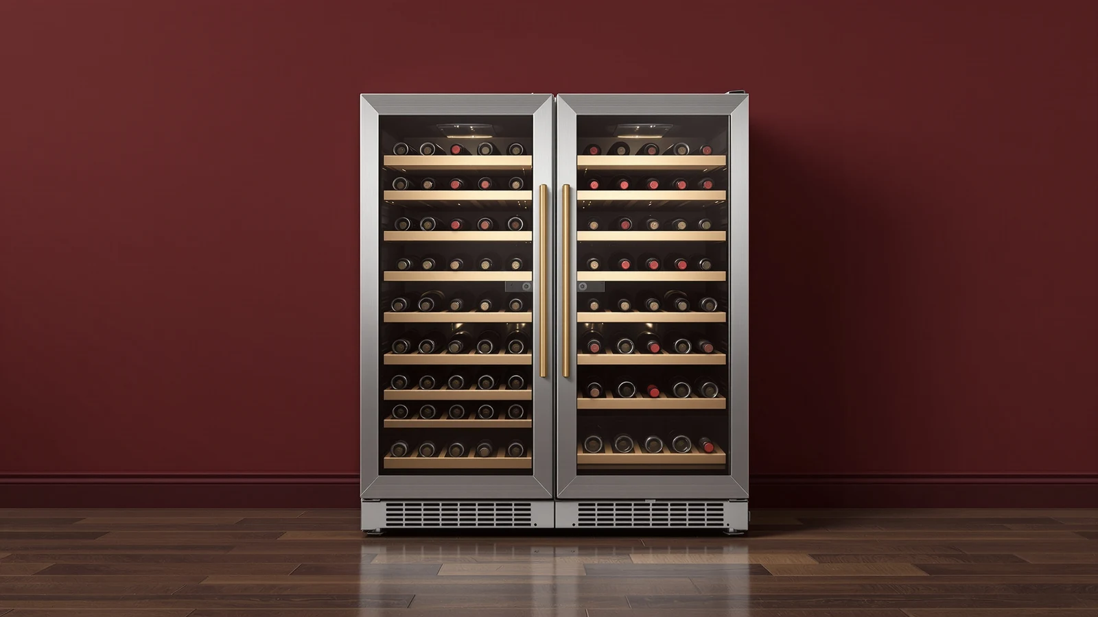 A dual-zone wine fridge with tempered glass door, filled with red and white wine bottles, on a kitchen counter