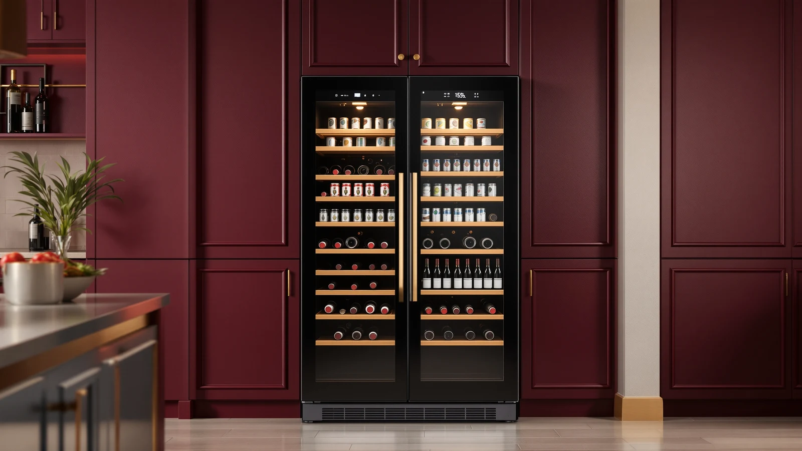 Dual-zone wine and beverage refrigerator with a digital touch control panel and glass French doors, bottles and cans visible inside