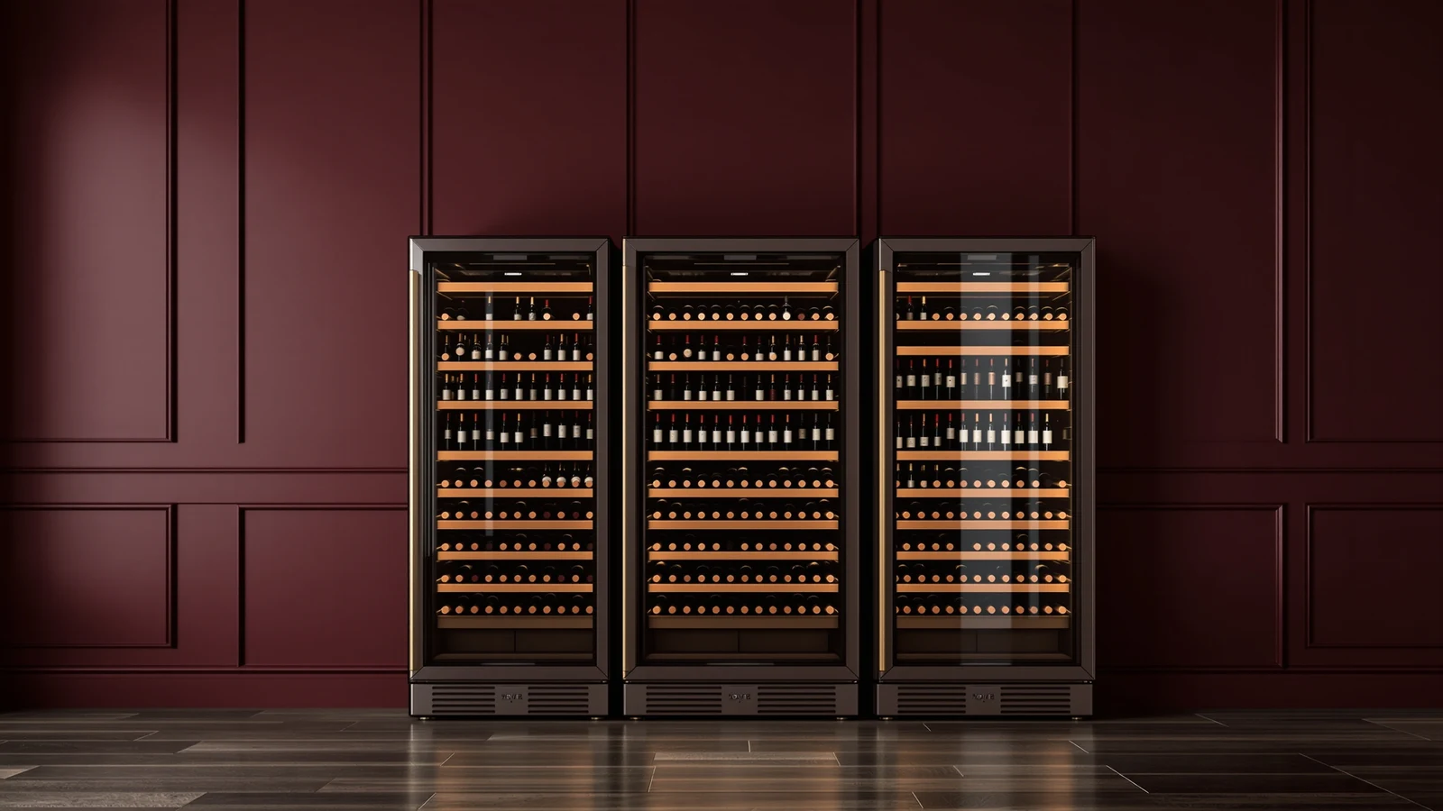 Three wine fridges of different widths — a narrow 12-inch unit, a standard 15-inch under-counter model, and a wide 24-inch dual-zone cabinet — side by side against a kitchen counter