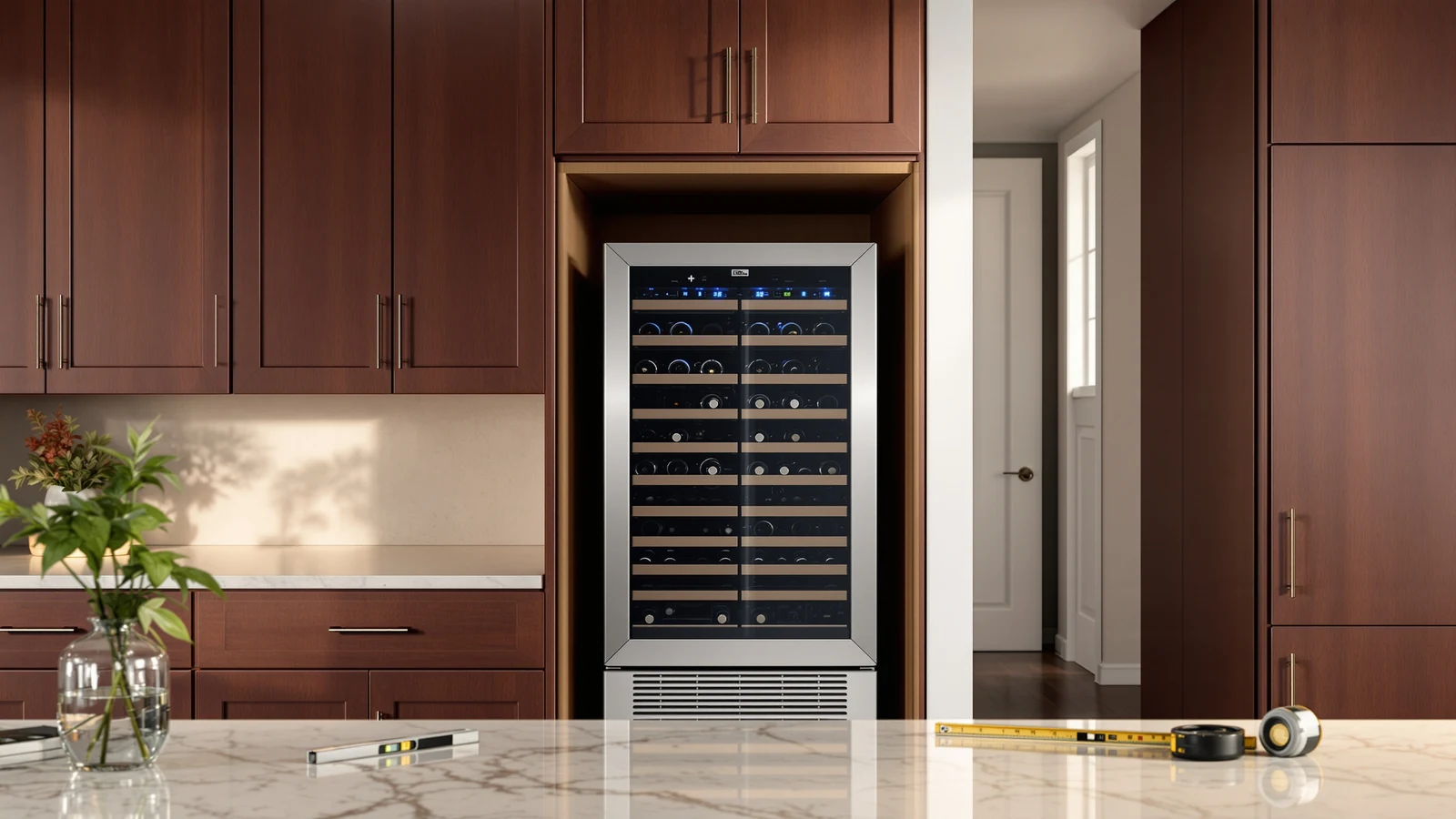 Stainless-steel undercounter wine fridge partway installed into a kitchen cabinet opening, with a level and tape measure resting on the counter beside it