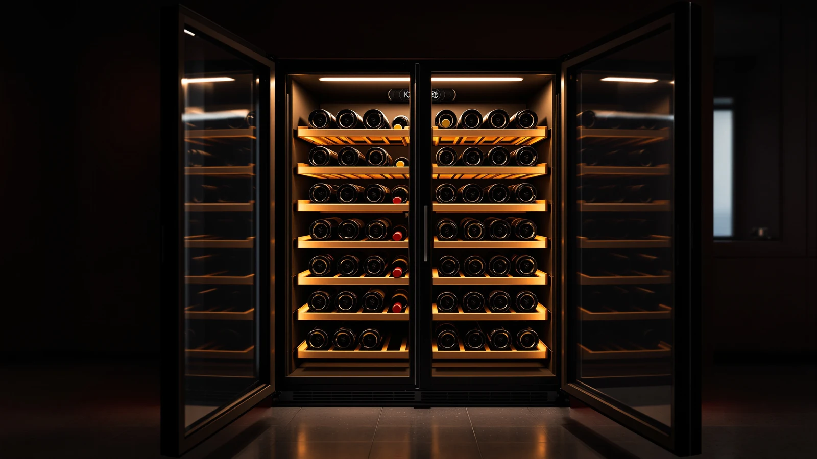 Wine fridge shelves organized by bottle type, with sparkling and white wine bottles on the lower shelves and red wine bottles on the upper shelves, all stored label-up