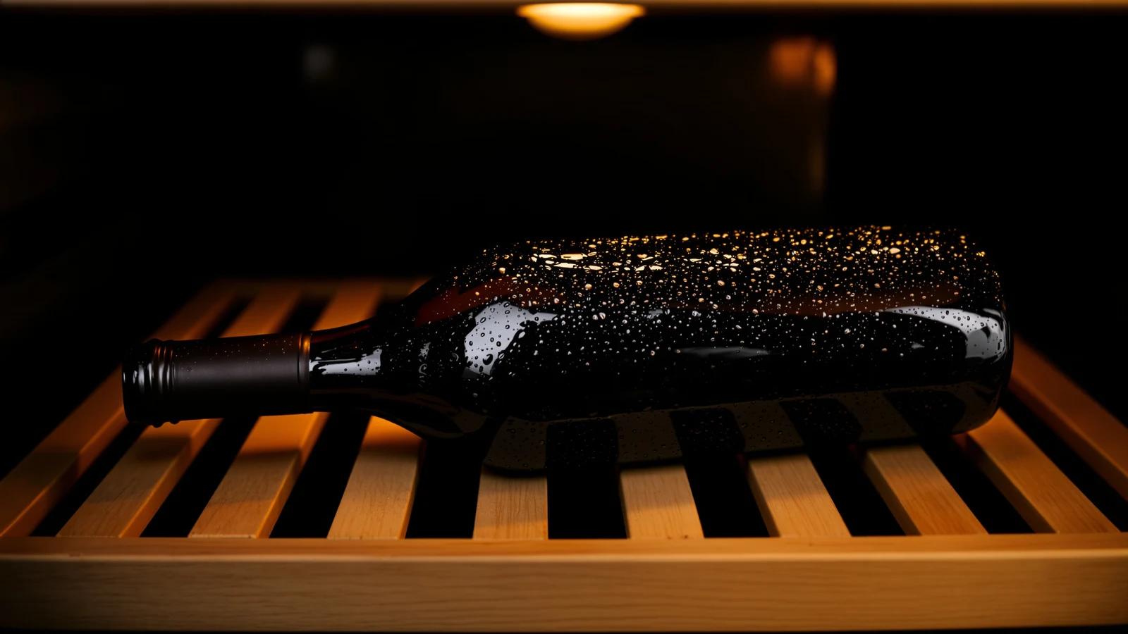 Wine refrigerator with a lit digital temperature display and rows of bottles on wooden shelves