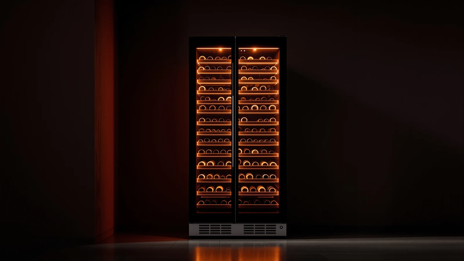 A wine refrigerator glowing softly in a dim room, its compressor running quietly around the clock