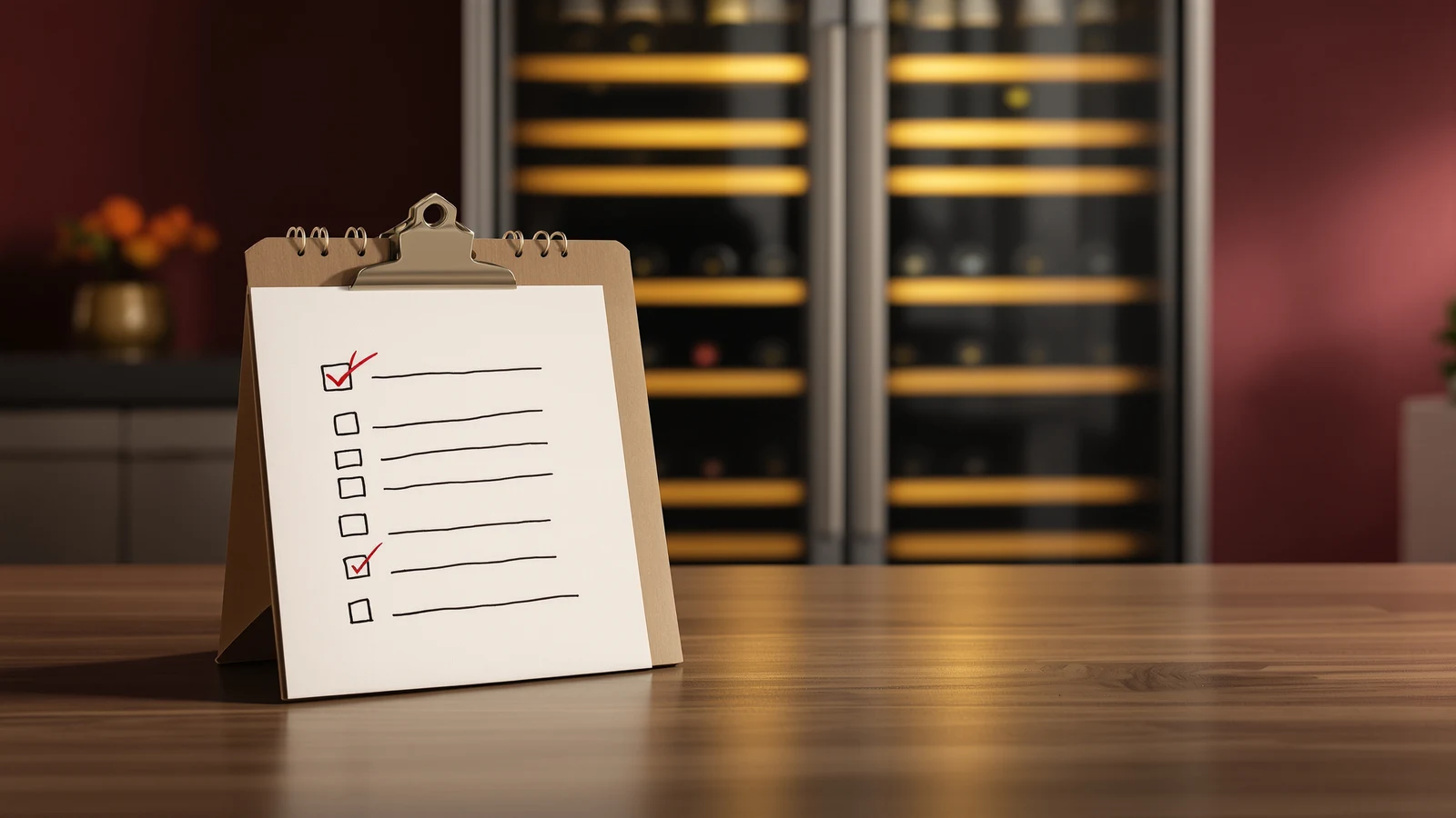 A checklist on a clipboard standing on a wooden kitchen counter in front of a built-in wine fridge stocked with bottles
