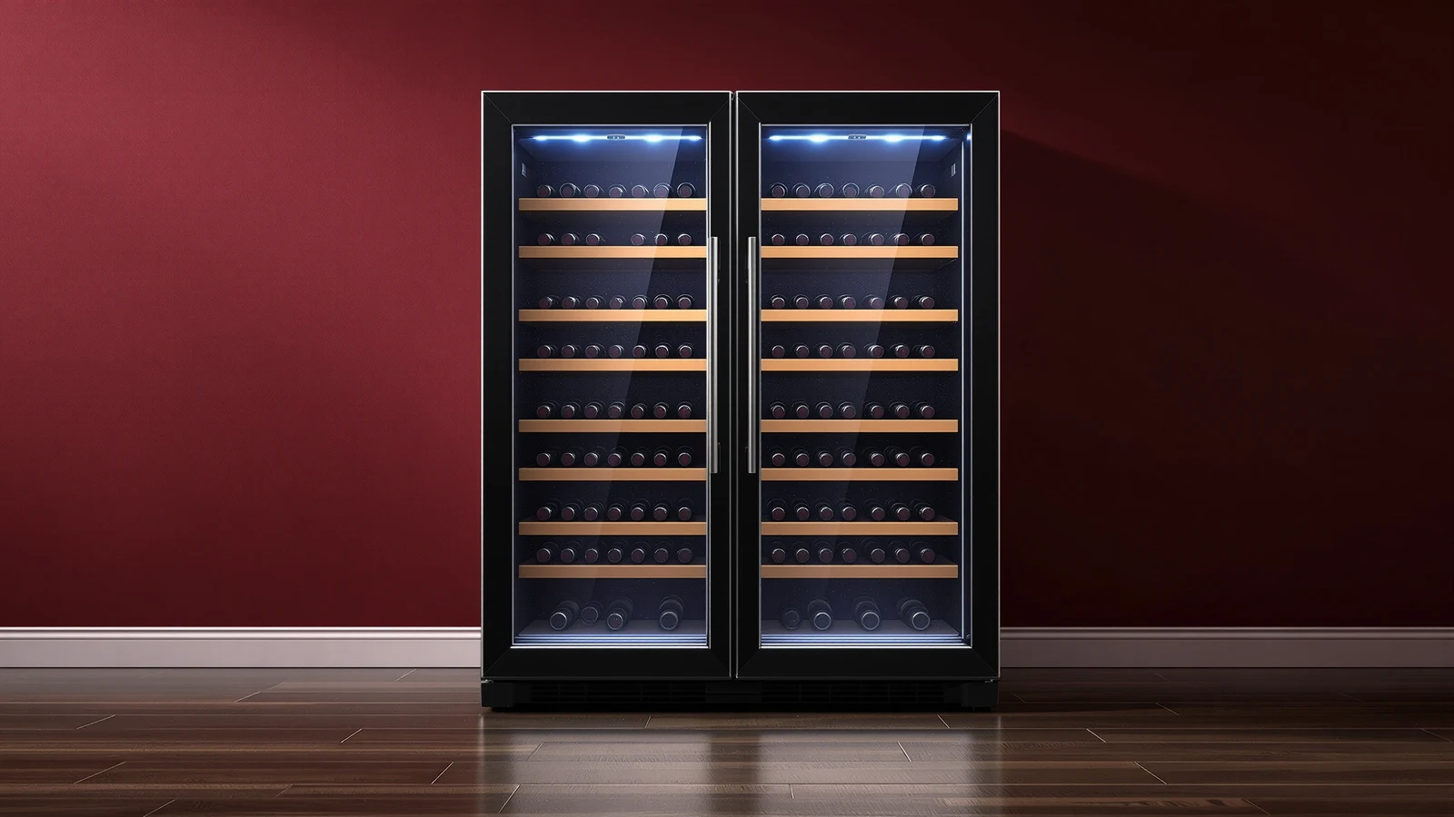 Wine fridge glass door with condensation fogging the edges of the glass, wine bottles visible inside the lit cabinet