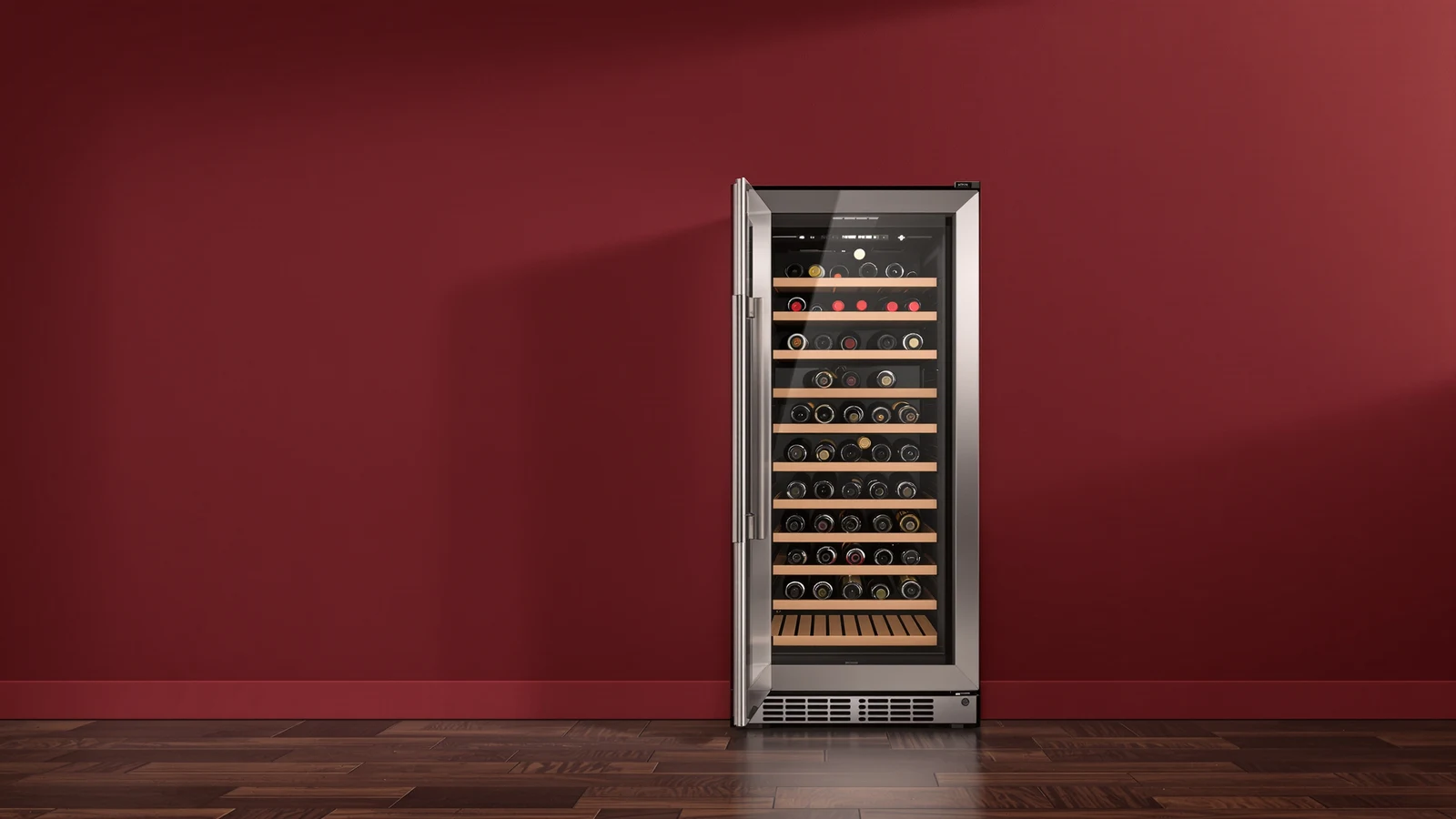 A wine fridge door shown open on its hinge, with its full swing arc clear of the surrounding cabinets