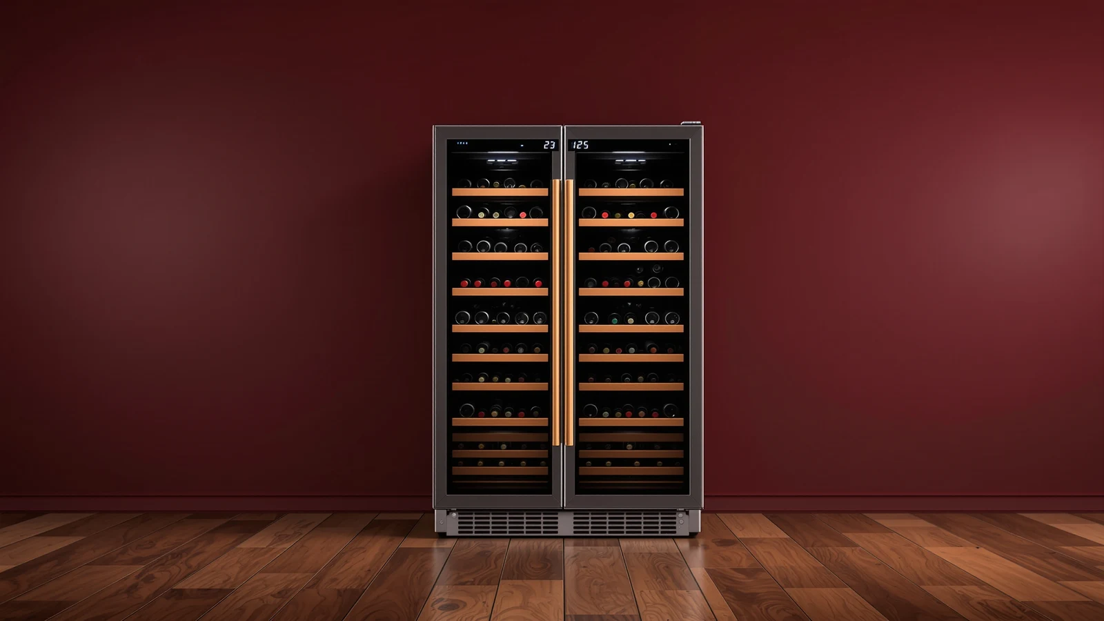 Close-up of a wine fridge control panel with a blinking error code on the digital temperature display