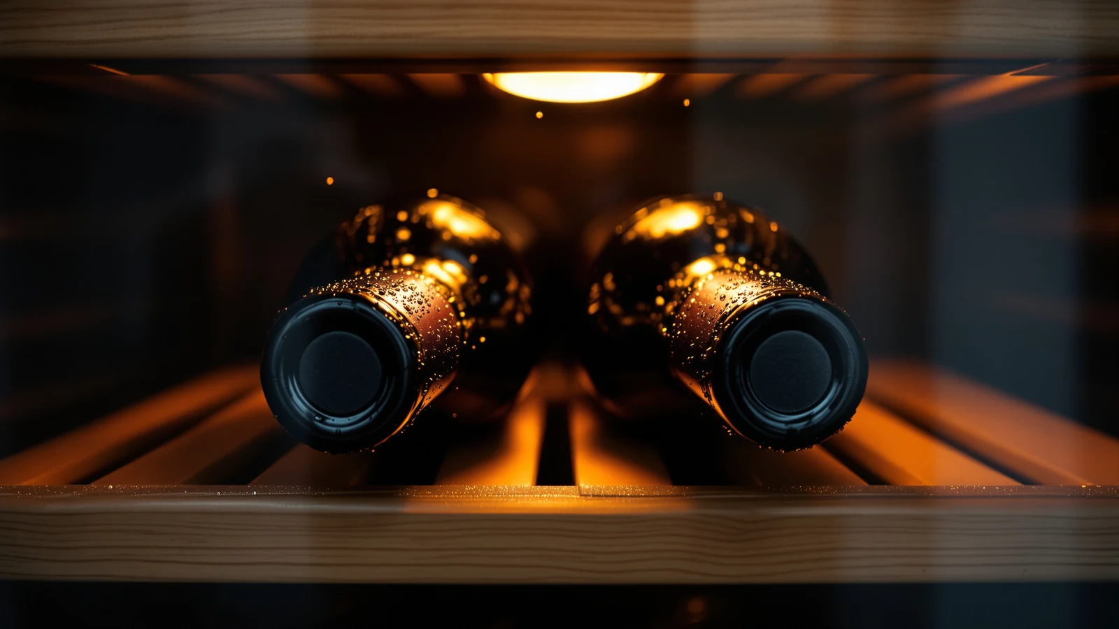 A hygrometer and a wine bottle resting on its side inside a wine refrigerator, showing a humidity reading next to the cork
