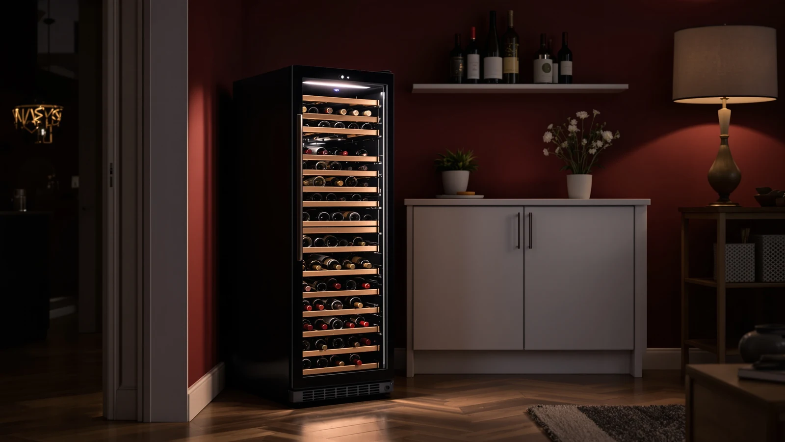A wine fridge with rows of bottles in a quiet, softly lit room, illustrating the noise and vibration question buyers ask before purchasing