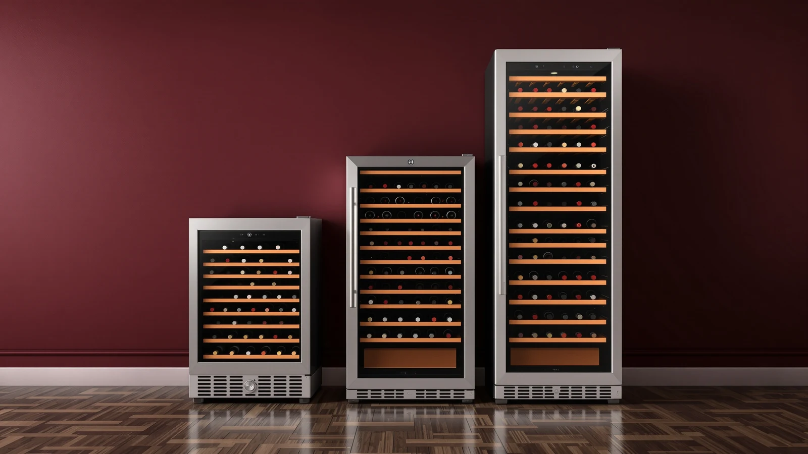 A small countertop wine cooler and a tall full-size wine fridge side by side, illustrating the range of capacities buyers choose between