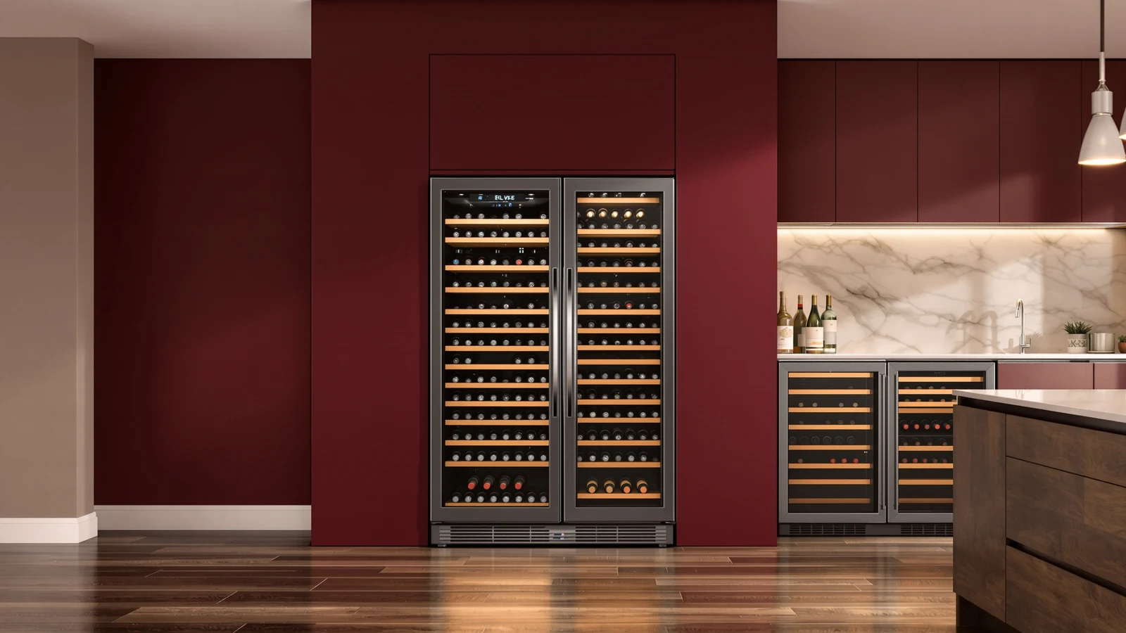 Wine fridge installed with visible air gap behind the cabinet, showing the ventilation clearance needed at the back and sides