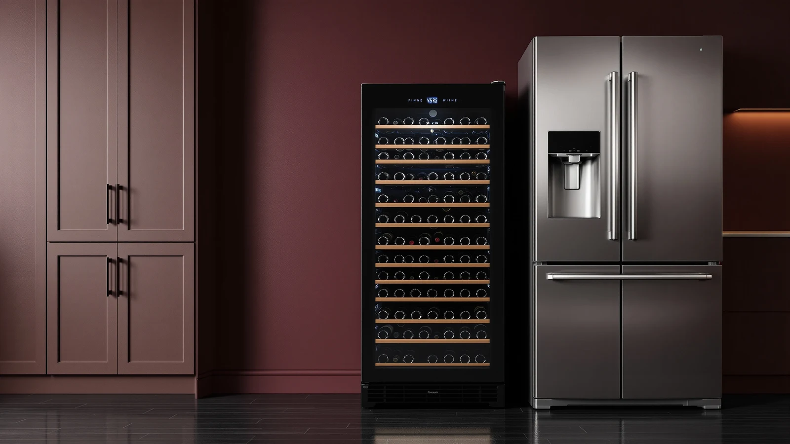 Three wine storage settings side by side — a kitchen refrigerator, an open kitchen counter, and a wine cellar with racked bottles